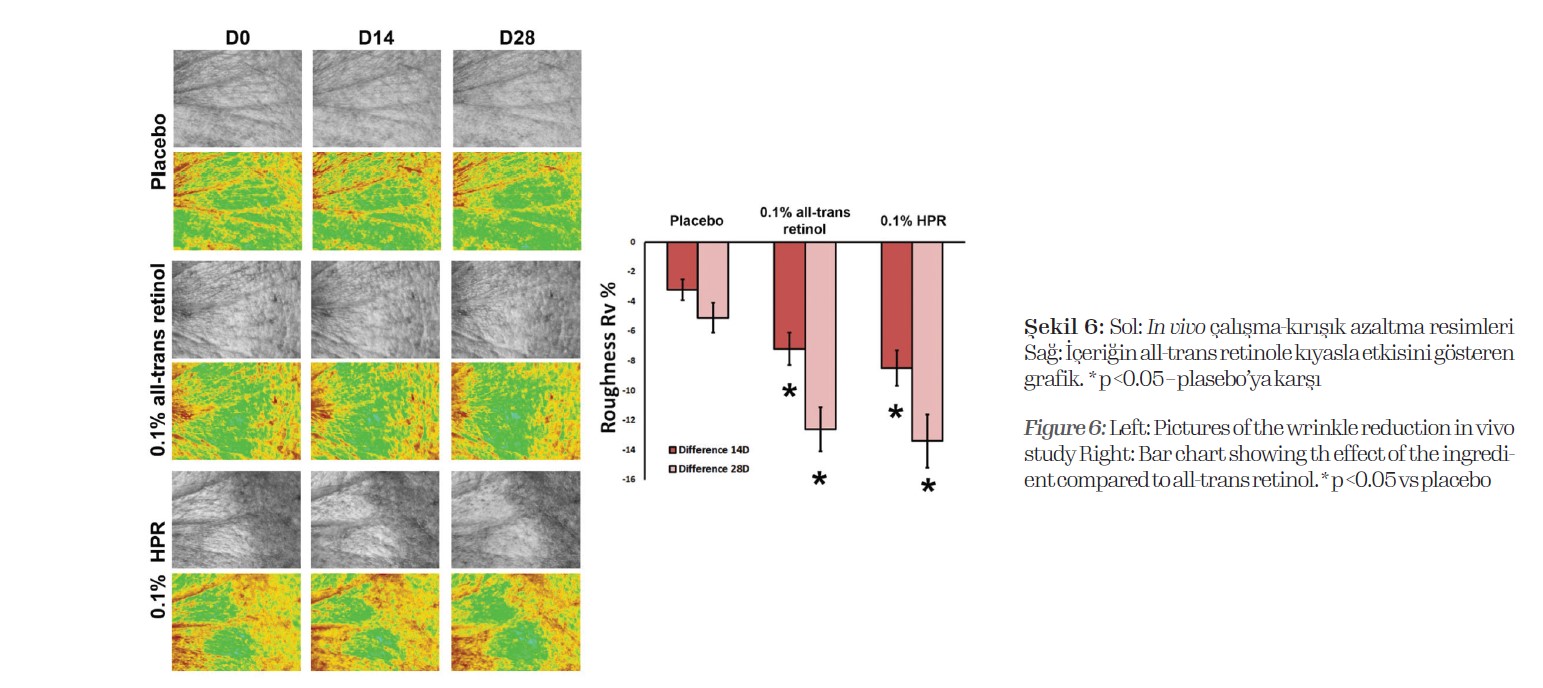 In vivo çalışma-kırışık azaltma resimleri Sağ: İçeriğin all-trans retinole kıyasla etkisini gösteren grafik. * p